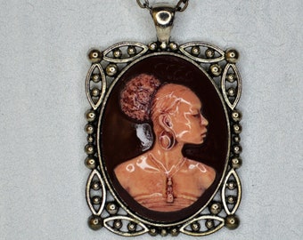 Black woman burgundy cameo necklace silver rectangle bezel
