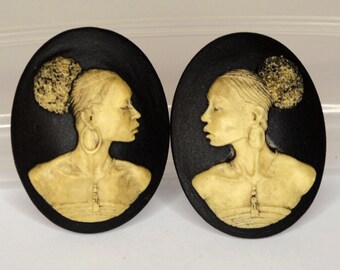 Black woman cameo set of two opposing profiles