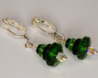 Christmas tree crystal clip earrings