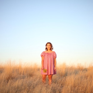 May include: A person stands in a field of tall, dry grass, wearing a short, red and white gingham dress. The dress has short sleeves and a gathered neckline. The person holds a small bouquet of yellow flowers. The sky is a gradient of blue and orange.