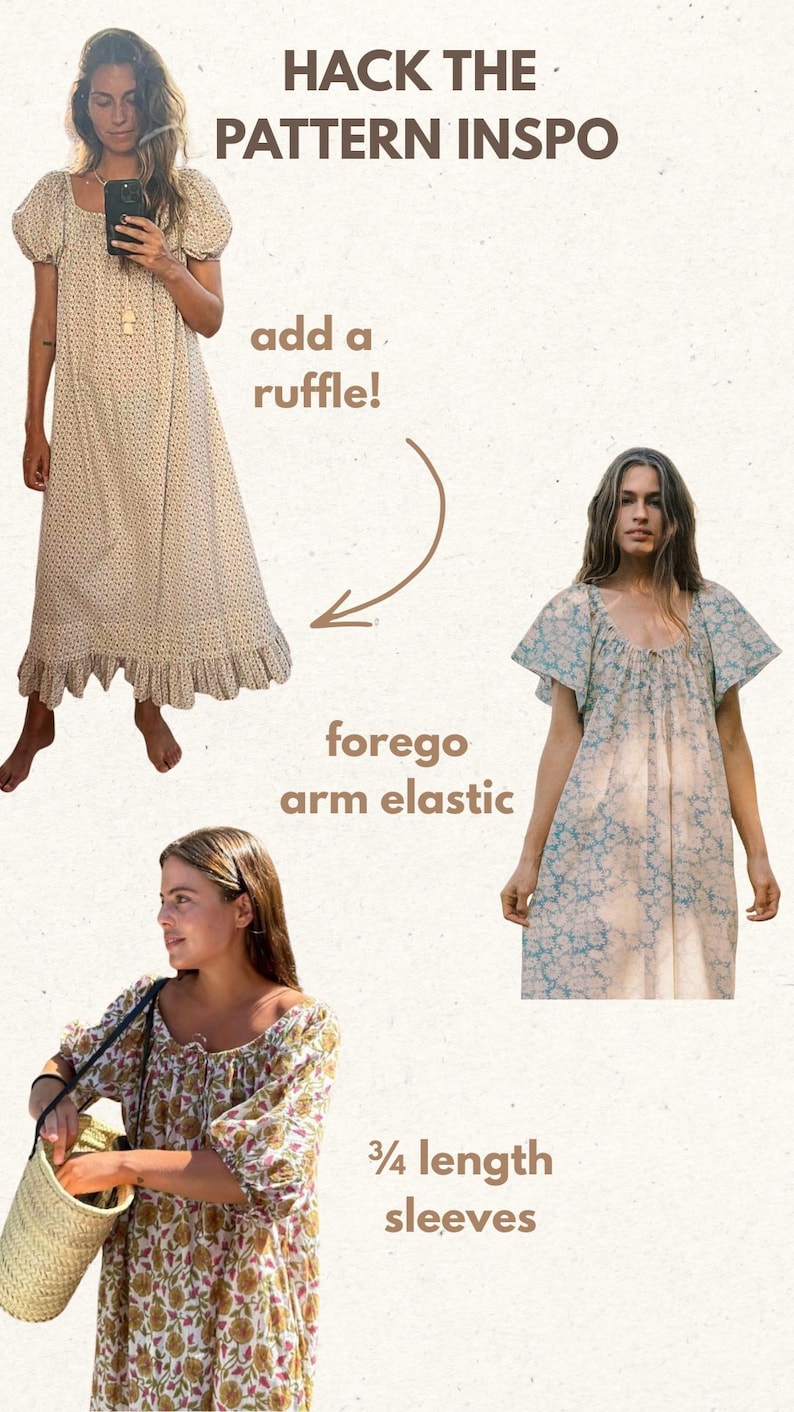 May include: The image showcases three women wearing floral print dresses. The dresses feature various sleeve lengths and design elements, including ruffles and elastic. Text on the image reads "HACK THE PATTERN INSO", "add a ruffle!", "forego arm elastic", and "3/4 length sleeves".