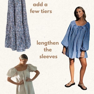 May include: Image featuring three dresses with different design elements. The text "HACK THE PATTERN INSO" is at the top. One dress is blue with a floral pattern, another is blue checkered, and the third is a solid beige color. Text prompts suggest design alterations.