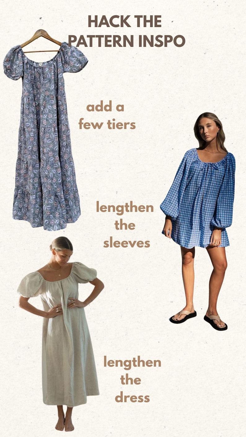 May include: Image featuring three dresses with different design elements. The text "HACK THE PATTERN INSO" is at the top. One dress is blue with a floral pattern, another is blue checkered, and the third is a solid beige color. Text prompts suggest design alterations.