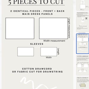 May include: Diagram showing instructions for cutting fabric pieces. The text reads "5 PIECES TO CUT" and details for the main dress panels and sleeves. Measurements are labeled for length and width. Instructions also include cotton drawcord or fabric for a drawstring.