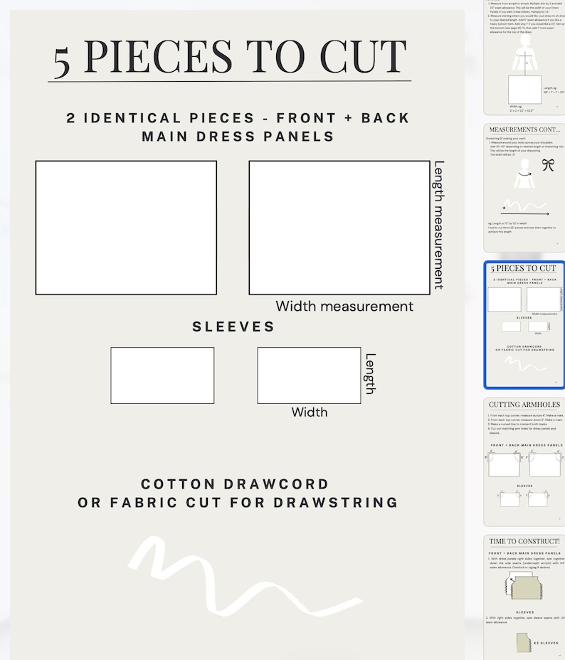 May include: Diagram showing instructions for cutting fabric pieces. The text reads "5 PIECES TO CUT" and details for the main dress panels and sleeves. Measurements are labeled for length and width. Instructions also include cotton drawcord or fabric for a drawstring.