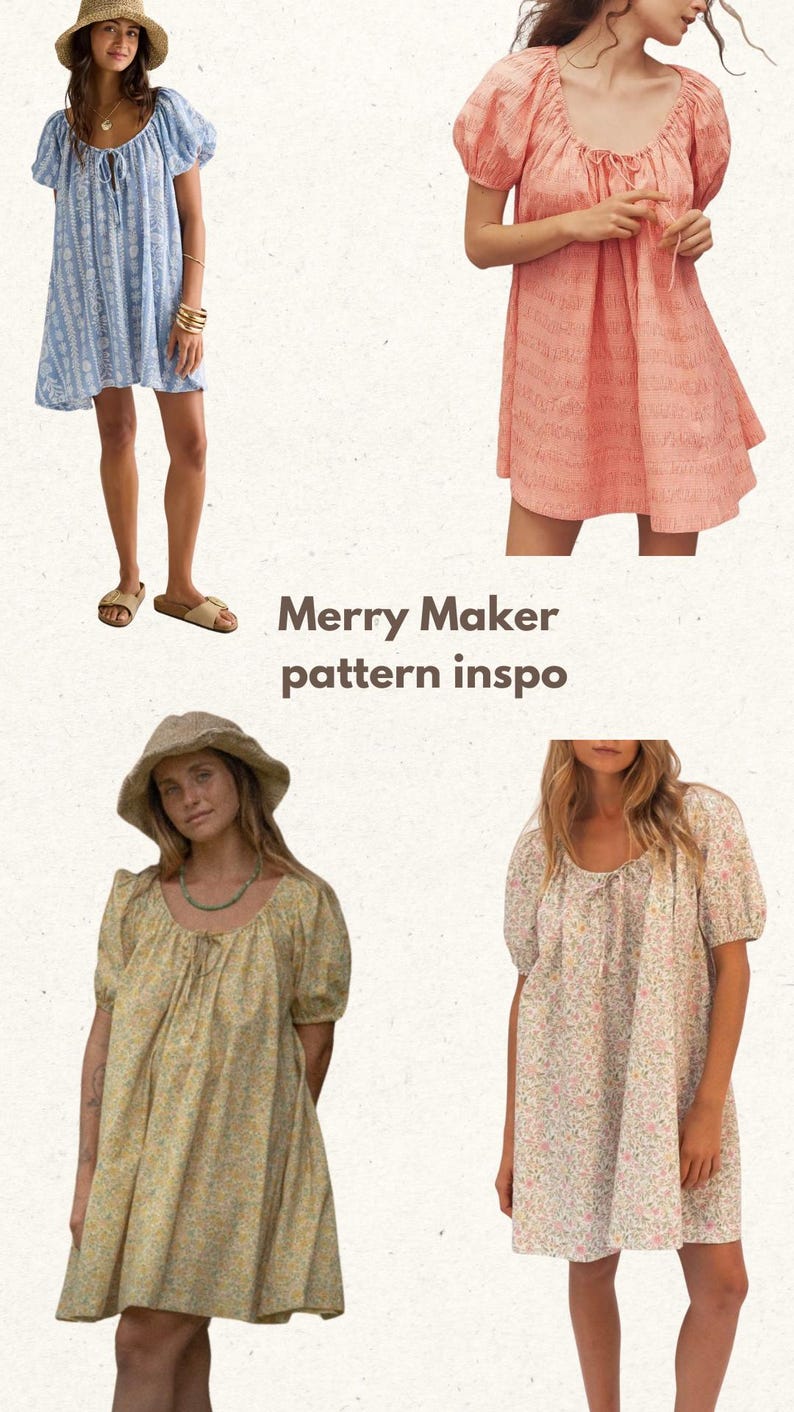 May include: Four short dresses with puff sleeves and scoop necklines are displayed. The dresses are in various colors and patterns, including light blue, peach, yellow floral, and white floral. The text "Merry Maker pattern inspo" is in the center.