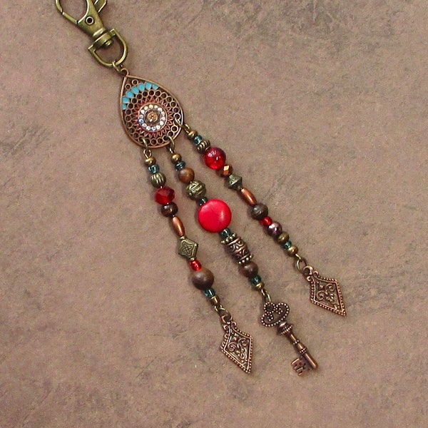 Copper Bronze Boho Purse Tassel Hippie Red Beaded Fringe Bag Charm Boho Chic Purse Jewelry Dangle Beaded Gypsy Bag Tassel Gift