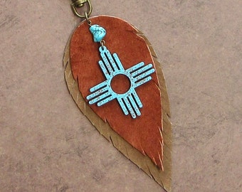 Leather Purse Charm New Mexico Zia Leather Feather Bag Charm LLF Western Southwest Purse Tassel Charm Gift for Her Rust and Turquoise 4TL