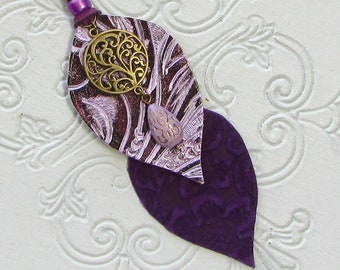 Purse Charm Leather Leaf Flower Purple Bag Charm Purse Tassel 7" Purple Boho Leather Beaded Purse Jewelry Dangle Flair Gift 4TL