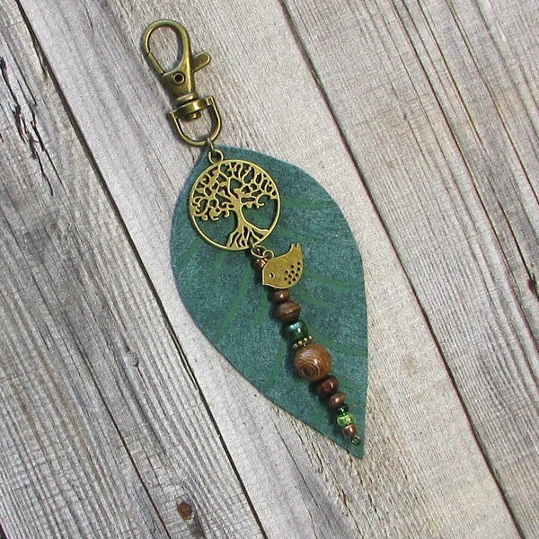 Leaf Keychain Purse Tassel Green Suede Leather Leaf Boho Bag Charm Nature Purse Charm Gift