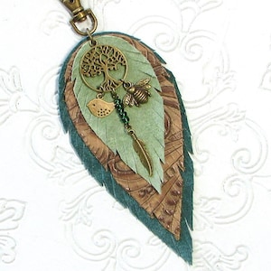 Purse Charm Layered Leather Feather Boho Leaf Nature Bag Charm LLF Hippie Green Leather Purse Tassel Gift for Her