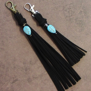 Purse Tassel Boho Black Bag Charm 5 1/2&quot; or 7 1/2&quot; Turquoise Feather Vegan Leather Fringe Backpack Charm Purse Jewelry Bag Flair Dangle Gift
