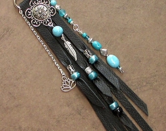 Black Leather Fringe Purse Charm Bag Tassel Boho Turquoise Fringe Purse Tassel Bag Flair Dangle Purse Jewelry FR