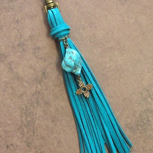 Purse Tassel Bag Charm Zia Sun 7&quot; Black or Turquoise Vegan Leather Fringe Backpack Charm Purse Jewelry Bag Flair Dangle New Mexico Gift