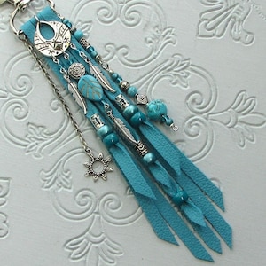 Leather Fringe Purse Charm Turquoise Bag Tassel Boho Southwest Fringe Purse Tassel Bag Flair Dangle Purse Jewelry Silver or Bronze FR