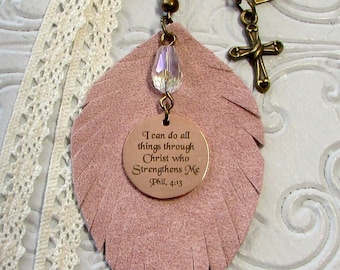 Purse Charm Christian Bible Verse Bag Charm Lace Pink Leather Feather Purse Jewelry Tassel Beaded Phil 4:13 Secret Sister Gift