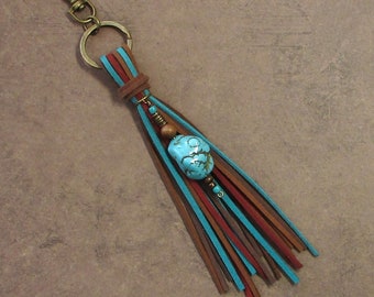 Chunky Bag Charm Boho Turquoise Nugget Beaded Fringe Purse Tassel Boho Chic Hippie Southwest Beaded Charm Gift 4TL