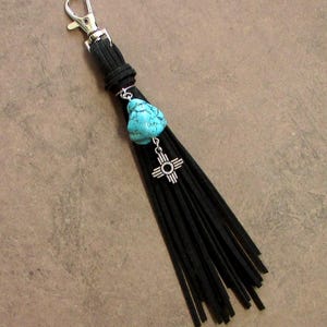 Purse Tassel Bag Charm Zia Sun 7&quot; Black or Turquoise Vegan Leather Fringe Backpack Charm Purse Jewelry Bag Flair Dangle New Mexico Gift