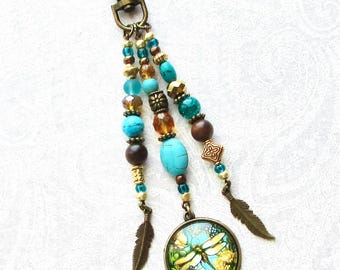 Purse Charm Beaded Fringe Bag Flair Dragonfly Charm Boho Turquoise and Gold Purse Tassel Dangle Purse Jewelry Mother Sister Gift CB