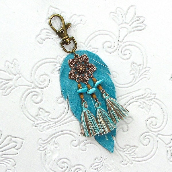 Turquoise Leather Feather Purse Charm Boho Turquoise Suede Keychain Bag Charm Hippie Leather Feather Purse Tassel Gift