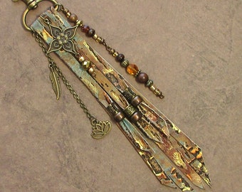 Leather Fringe Purse Charm Long Leather Bag Charm Gold Copper Leather Tassel Boho Fringe Purse Bag Flair Dangle Purse Jewelry Gift FR
