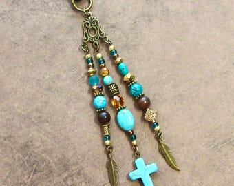 Beaded Fringe Bag Charm Turquoise Cross Faith Boho Purse Tassel Jewelry  Charm Christian Religious Gift