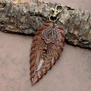 Leather Feather Purse Charm Copper Leather Rustic Bag Charm Western Southwest Purse Tassel Jewelry Flair Dangle Gift STF