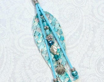 Purse Tassel Mermaid Scale Boho Bag Charm Curvy Leather Feather Beaded Fringe Purse Charm Jewelry Silver Ocean Beachy Gift FAL