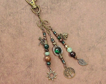 Purse Charm Nature Earthy Hippie Boho Leaf Green Beaded Fringe Bag Charm Gypsy Purse Tassel Gift