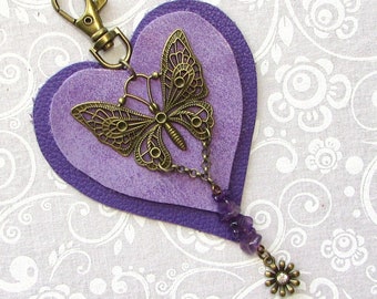 Purse Charm Butterfly Leather Heart Leaf Amethyst Gemstone Flower Purple Bag Charm Purse Tassel Boho Purse Jewelry Dangle Gift 4TL