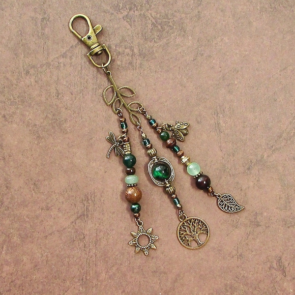 Purse Charm Nature Earthy Hippie Boho Leaf Green Beaded Fringe Bag Charm Gypsy Purse Tassel Gift