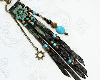 Black Leather Fringe Bag Charm Southwest Tassel Western Hippie Boho Purse Tassel Bag Dangle Flair Gift FR