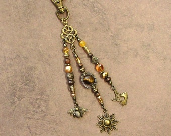 Purse Charm Nature Earthy Hippie Boho Sun Bee Bird Gold Bronze Tiger Eye Beaded Fringe Bag Charm Gypsy Purse Tassel Gift