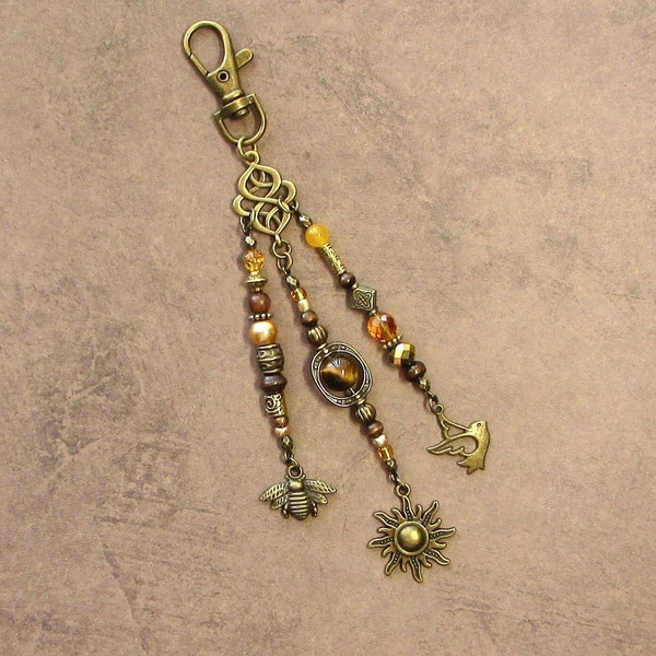 Purse Charm Nature Earthy Hippie Boho Sun Bee Bird Gold Bronze Tiger Eye Beaded Fringe Bag Charm Gypsy Purse Tassel Gift