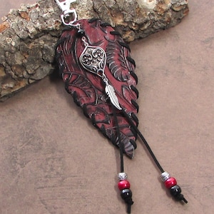 Leather Feather Purse Charm Rustic Leather Bag Charm Fringe Red Black Western Southwest Purse Tassel Jewelry Flair Dangle STF