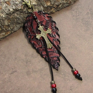 Leather Feather Purse Charm Rustic Leather Bag Charm Cross Fringe Red Black Western Southwest Purse Tassel Jewelry Flair Dangle STF