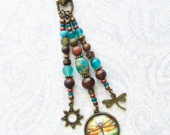 Purse Charm Beaded Fringe Bag Flair Dragonfly Charm Boho Earthy Turquoise Teal Purse Tassel Dangle Purse Jewelry Mother Sister Gift CB