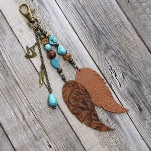 Purse Tassel Boho Bag Charm Western Leather Feathers & Turquoise Fringe Purse Charm Beaded Purse Jewelry Gift New