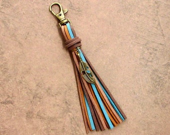 Purse Tassel Boho Bag Charm Vegan 5 1/2" or 7 1/2" Keychain Feather Tree Of Life Sun Vegan Leather Fringe Purse Charm Backpack Charm Gift