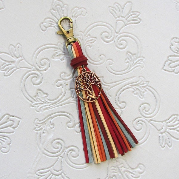 Purse Tassel Boho Bag Charm Vegan 5 1/2" or 7 1/2" Keychain Tree Of Life Vegan Leather Fringe Purse Tassel Gypsy Backpack Charm Gift