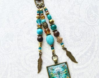 Purse Charm Beaded Fringe Bag Flair Dragonfly Charm Boho Turquoise and Gold Purse Tassel Dangle Purse Jewelry Mother Sister Gift CB