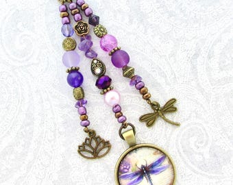 Purse Charm Beaded Fringe Bag Flair Purple Dragonfly Amethyst Gemstone Charm Boho Purse Tassel Dangle Purse Jewelry Mother Sister Gift CB