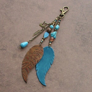 Purse Tassel Boho Bag Charm Western Leather Feathers & Turquoise Fringe Purse Charm Beaded Purse Jewelry Gift New