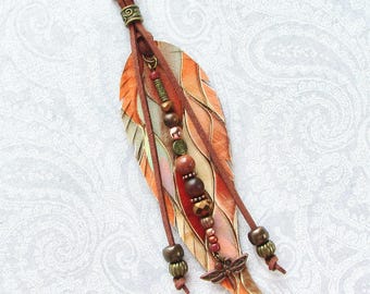 Purse Tassel Boho Bag Charm Copper Dragonfly Waves Curvy Leather Feather Beaded Fringe Purse Charm Jewelry Gift FAL