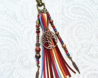 Purse Tassel Boho Beaded Fringe Bag Charm Copper Tree of Life Bag Flair Vegan Leather Dangle Purse Jewelry Gift VG