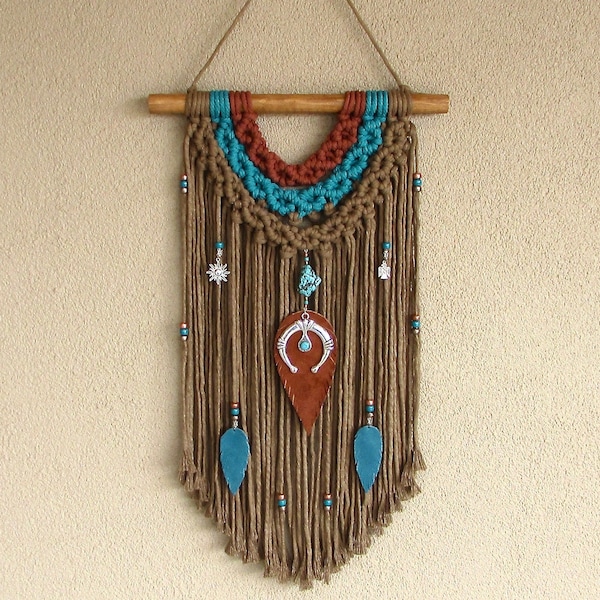 Southwest Wall Hanging New Mexico Native American Inspired Macrame Wall Art Leather Feather Fiber Fringe Boho Western Home Decor Gift 4TL