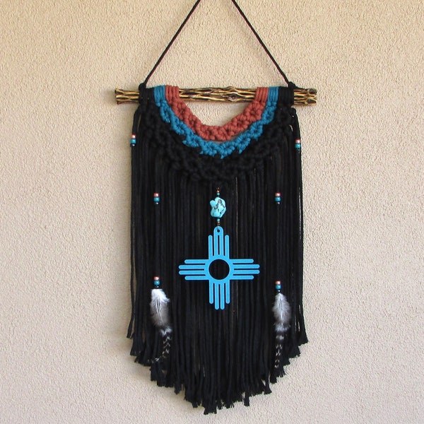 Southwest Wall Hanging New Mexico Zia Native American Inspired Decoration Macrame Wall Art Black Fiber Fringe Boho Western Home Decor Gift