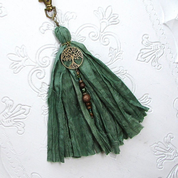 Silk Purse Tassel Green Boho Hippie Fringe Silk Bag Charm Sari Silk Gypsy Beaded Purse Tassel