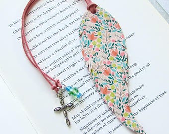 Christian Bookmark Cross Book Lover Readers Peach Pink Floral Leather Feather Bible Bookmark Flowers Mother Secret Sister Gift BKM FAL