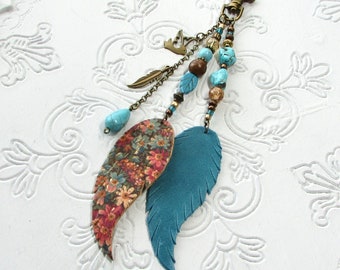 Purse Tassel Boho Bag Charm Western Leather Feathers & Turquoise Fringe Purse Charm Beaded Purse Jewelry Gift New
